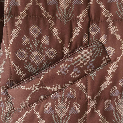 Women's Quilted Jacket Lightweight Floral Print Padded Coat Winter Button Down Outwear