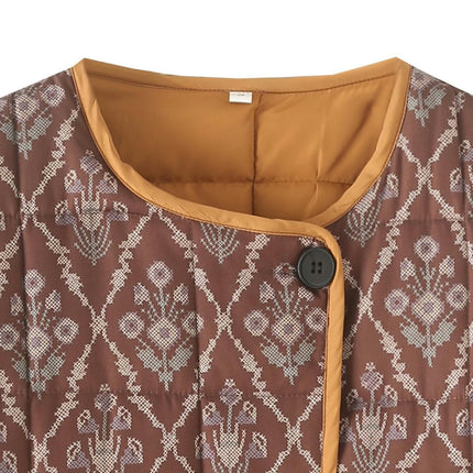Women's Quilted Jacket Lightweight Floral Print Padded Coat Winter Button Down Outwear