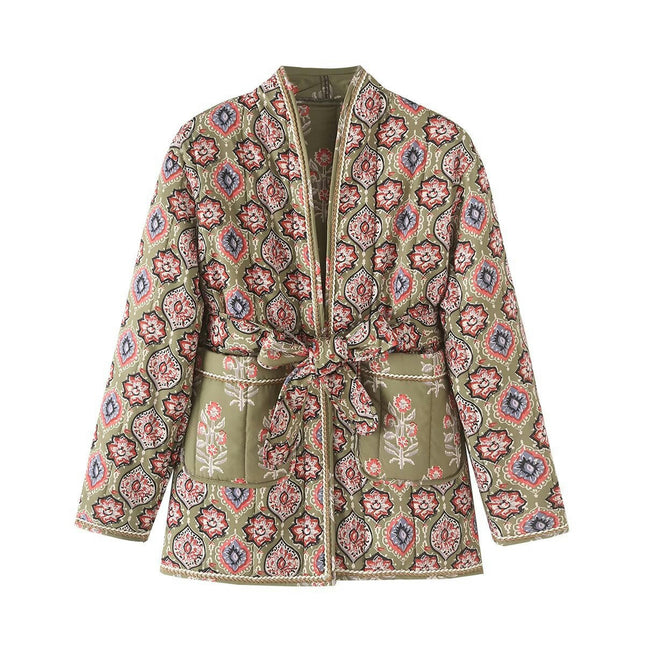 Women Puffer Jacket Cardigan Floral Printed Quilted Lightweight Tie Waist Coats