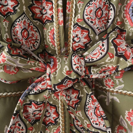 Women Puffer Jacket Cardigan Floral Printed Quilted Lightweight Tie Waist Coats