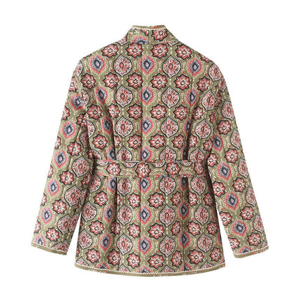 Women Puffer Jacket Cardigan Floral Printed Quilted Lightweight Tie Waist Coats