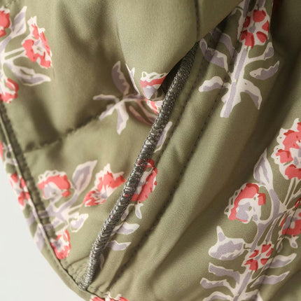 Women Puffer Jacket Cardigan Floral Printed Quilted Lightweight Tie Waist Coats