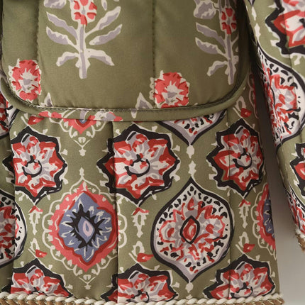 Women Puffer Jacket Cardigan Floral Printed Quilted Lightweight Tie Waist Coats