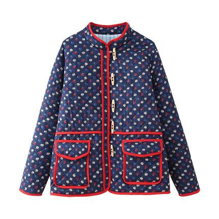 Women's Cropped Floral Print Quilted Puffer Jacket Lightweight Button Down Padded Coat
