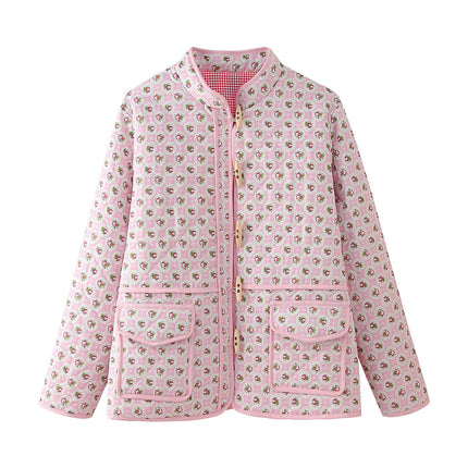 Women's Cropped Floral Print Quilted Puffer Jacket Lightweight Button Down Padded Coat