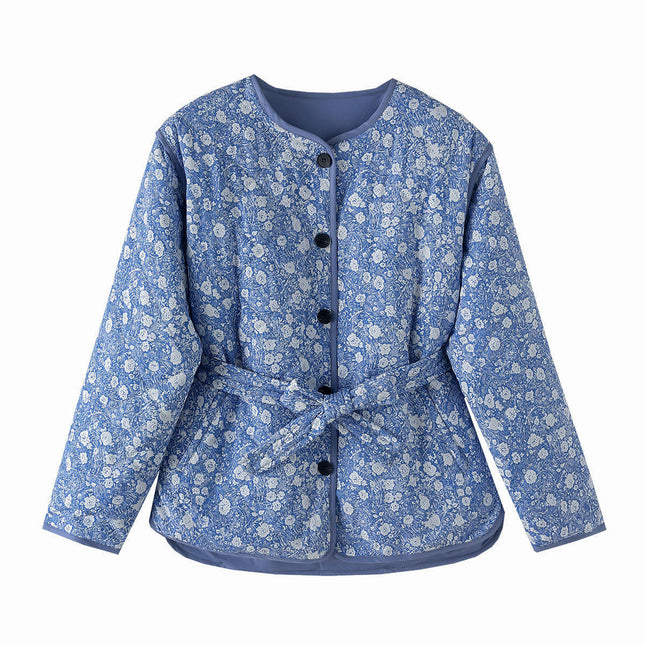 Women's Cropped Quilted Jacket Floral Printed LightWeight Puffer Coat Outwear with Belt