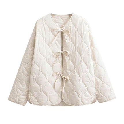 Women's Quilted Lightweight Jackets Long Sleeve Winter Cropped Coat Bow Tie Front Outwear