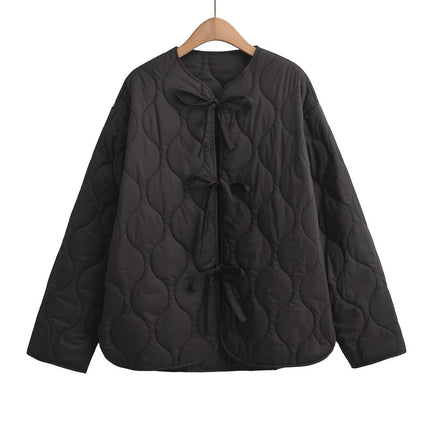 Women's Quilted Lightweight Jackets Long Sleeve Winter Cropped Coat Bow Tie Front Outwear