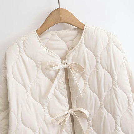 Women's Quilted Lightweight Jackets Long Sleeve Winter Cropped Coat Bow Tie Front Outwear