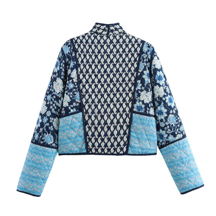 Women's Quilted Jacket Lightweight Floral Print Cropped Coat Open Front Winter Outwear