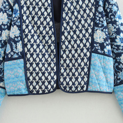 Women's Quilted Jacket Lightweight Floral Print Cropped Coat Open Front Winter Outwear