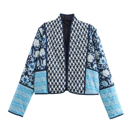 Women's Quilted Jacket Lightweight Floral Print Cropped Coat Open Front Winter Outwear