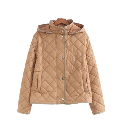 Womens Quilted Puffer Jacket Hooded Long Sleeve Button Down Winter Lightweight Coat
