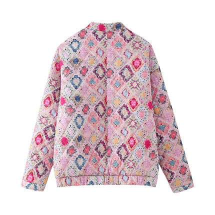 Women's Cropped Quilted Jacket Lightweight Flower Print Outerwear Button Down Coats