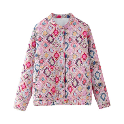 Women's Cropped Quilted Jacket Lightweight Flower Print Outerwear Button Down Coats