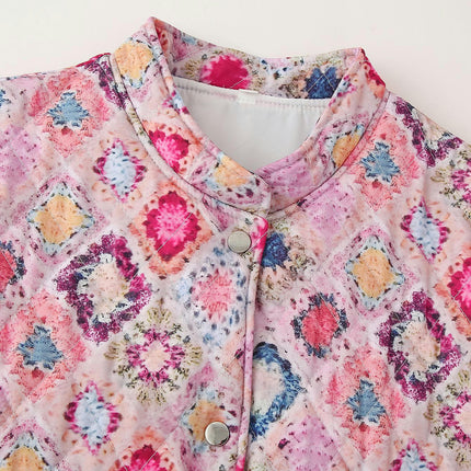 Women's Cropped Quilted Jacket Lightweight Flower Print Outerwear Button Down Coats