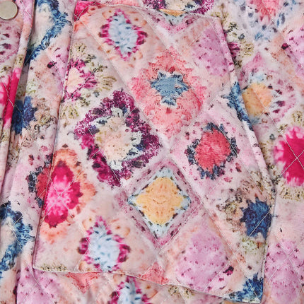 Women's Cropped Quilted Jacket Lightweight Flower Print Outerwear Button Down Coats