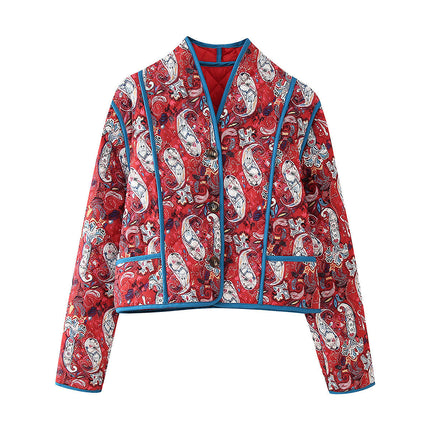 Women's Quilted Jacket Lightweight Floral Print Cropped Coat Button Down Winter Outwear