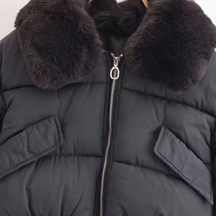 Womens Cropped Puffer Jacket Full Zip Quilted Jackets Warm Winter Coat with Faux Fur Collar