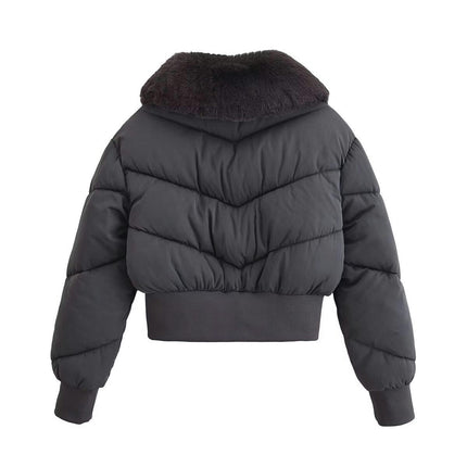Womens Cropped Puffer Jacket Full Zip Quilted Jackets Warm Winter Coat with Faux Fur Collar
