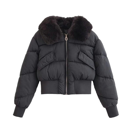 Womens Cropped Puffer Jacket Full Zip Quilted Jackets Warm Winter Coat with Faux Fur Collar