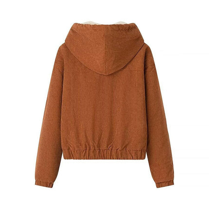 Women's Cropped Corduroy Jacket Zip Up Hooded Winter Short Coat Outerwear