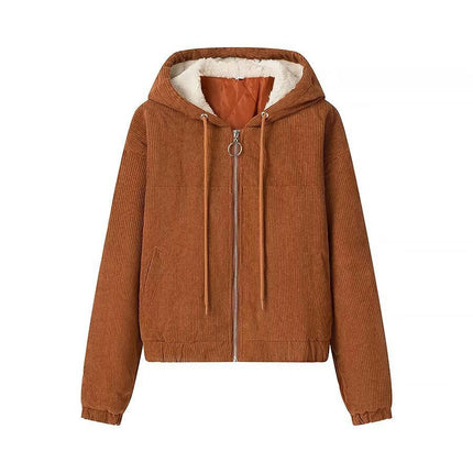 Women's Cropped Corduroy Jacket Zip Up Hooded Winter Short Coat Outerwear