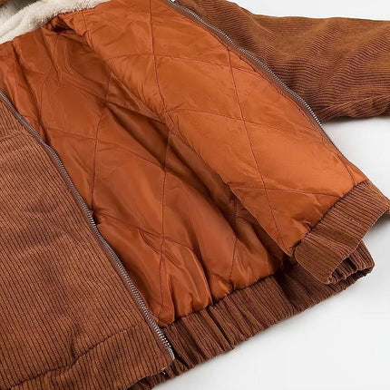 Women's Cropped Corduroy Jacket Zip Up Hooded Winter Short Coat Outerwear