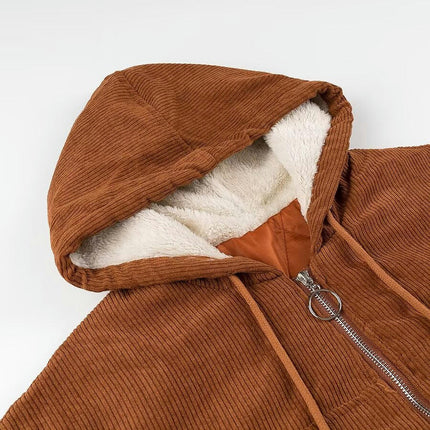 Women's Cropped Corduroy Jacket Zip Up Hooded Winter Short Coat Outerwear