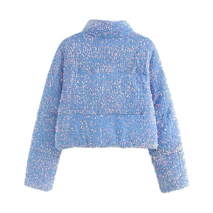 Womens Sequin Cropped Jacket Long Sleeve Stand Collar Zipper Winter Coat