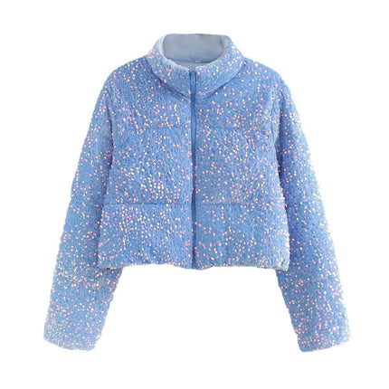 Womens Sequin Cropped Jacket Long Sleeve Stand Collar Zipper Winter Coat