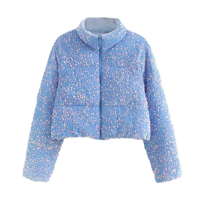 Womens Sequin Cropped Jacket Long Sleeve Stand Collar Zipper Winter Coat