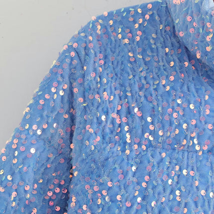 Womens Sequin Cropped Jacket Long Sleeve Stand Collar Zipper Winter Coat