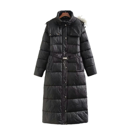 Women's Long Winter Coat Thickened Hooded Warm Puffer Jacket with Belt