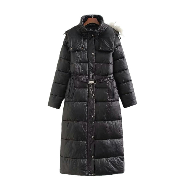 Women's Long Winter Coat Thickened Hooded Warm Puffer Jacket with Belt