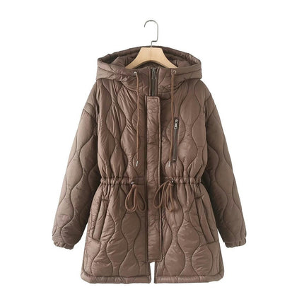Women's Winter Thicken Puffer Coat Warm Drawstring Long Sleeve Zipper Jacket with Hood