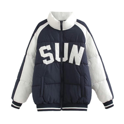 Women's Winter Puffer Jacket Colorblock Warm Quilted Stand Collar Zipper Padded Coat