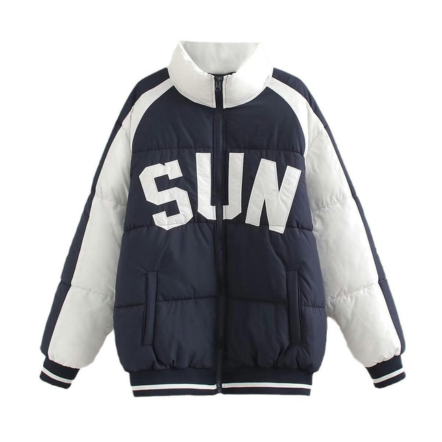 Women's Winter Puffer Jacket Colorblock Warm Quilted Stand Collar Zipper Padded Coat