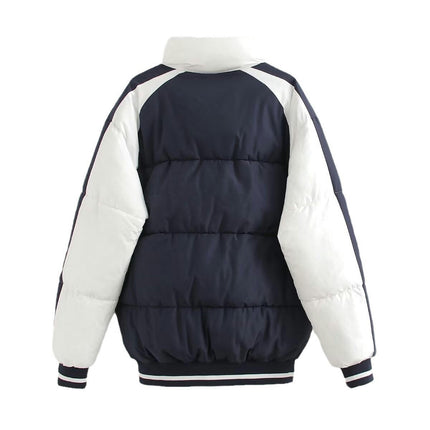 Women's Winter Puffer Jacket Colorblock Warm Quilted Stand Collar Zipper Padded Coat