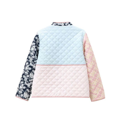 Women's Cropped Floral Quilted Jacket Lightweight Long Sleeve Button Down Padded Coat