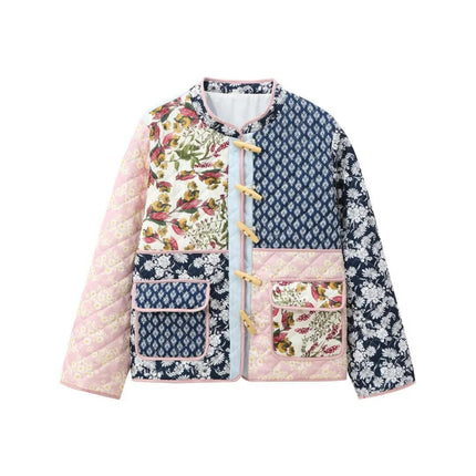 Women's Cropped Floral Quilted Jacket Lightweight Long Sleeve Button Down Padded Coat