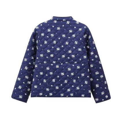 Women's Cropped Button Down Jacket Lightweight Floral Print Long Sleeve Padded Quilted Coat