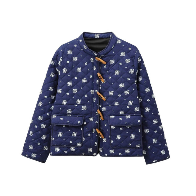 Women's Cropped Button Down Jacket Lightweight Floral Print Long Sleeve Padded Quilted Coat
