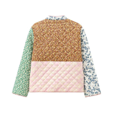Women Cropped Button Down Quilted Jacket Floral Print Lightweight Padded Coat