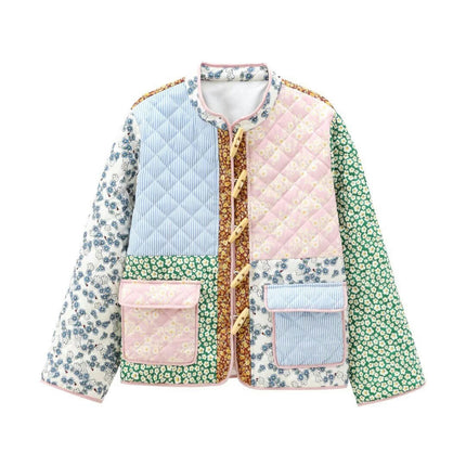 Women Cropped Button Down Quilted Jacket Floral Print Lightweight Padded Coat