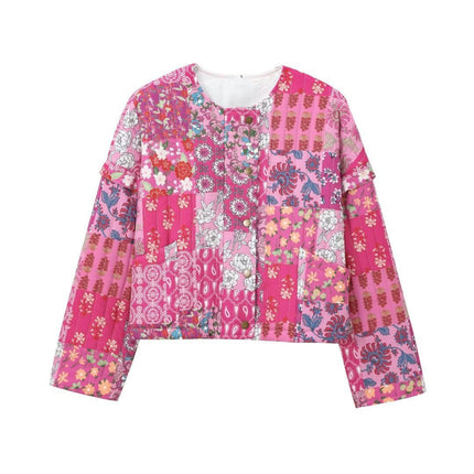 Womens Cropped Quilted Jacket Winter Floral Print Lightweight Crew Neck Padded Coat