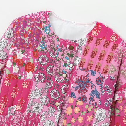 Womens Cropped Quilted Jacket Winter Floral Print Lightweight Crew Neck Padded Coat