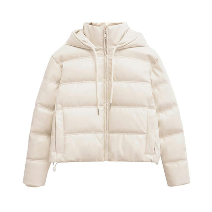 Women's Cropped Faux Leather Puffer Jackets Winter Hooded Zip Up Quilted Padded Coat