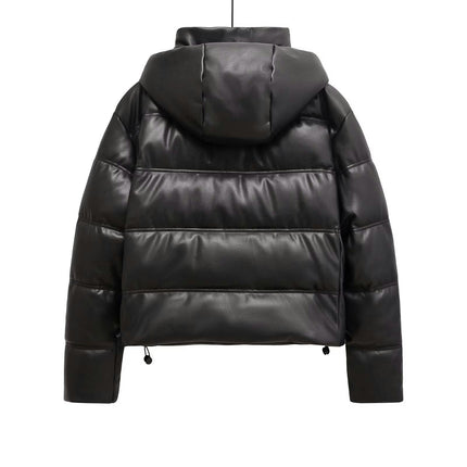 Women's Cropped Faux Leather Puffer Jackets Winter Hooded Zip Up Quilted Padded Coat
