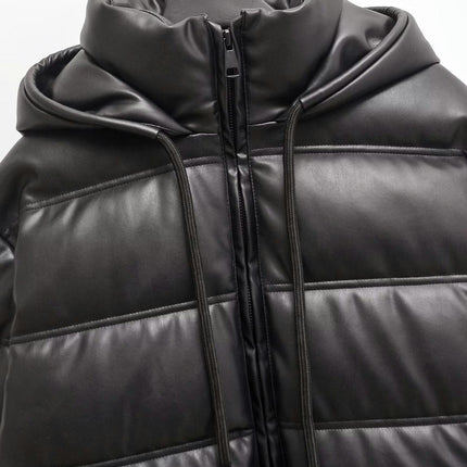 Women's Cropped Faux Leather Puffer Jackets Winter Hooded Zip Up Quilted Padded Coat